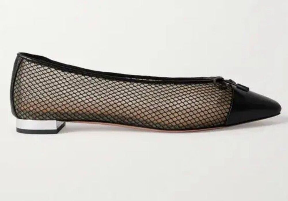 Aquazzura Gioia Leather-Trimmed Mesh Ballet Flats in Black NWB Size 35.5/ US 5 1